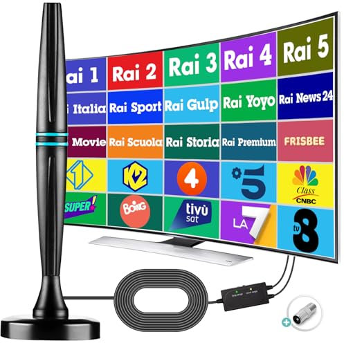 Yowrepu 2025 Antenna TV Interna, Portatile, Amplificata Potente con Base Magnetica/5m Cavo Coassiale/Connettore tipo F, Supporta DVB-T2/VHF/UHF, Compatibile con 4K/1080P - Blue