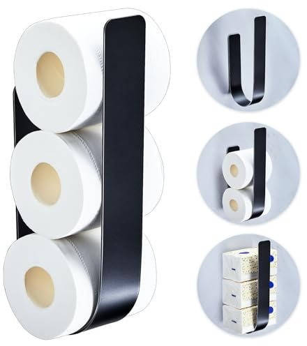 YYBO Toilet Roll Storage Wall Mounted, Toilet Roll Holder Free Standing, Toilet Paper Storage Holder for 3 Rolls, Adhesive Toilet Paper Holder Metal, Spare loo Roll Storage (Black)