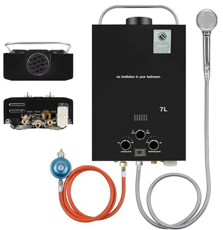 Chauffe-Eau à Gaz GPL, Chauffe Eau Instantané Gaz, Modes Hiver Et éTé, Protection Contre La Surchauffe, Avec Pomme De Douche Et Plomberie, Pour La Maison, ExtéRieur, Camping Car (7L, 14kw)