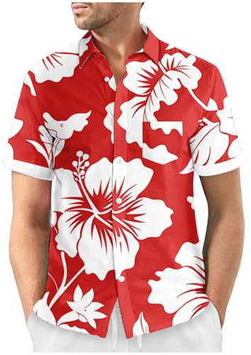 UHouse Chemise Hawaienne Homme Manches Courtes Funky Chemisette A Fleur Hawaiian Shirt Grande Taille Ete Vetement de Plage Tee Shirt Respirant Coton D'Été Rouge S