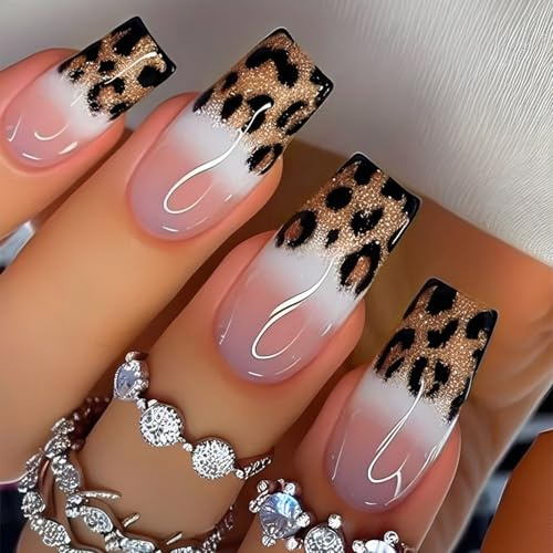 24 Pcs Rivestimento completo Chiodi Acrilici Oro Glitter Leopardo Disegni Francesi Chiodi Artificiali Pressatura Chiodi Per Le Donne