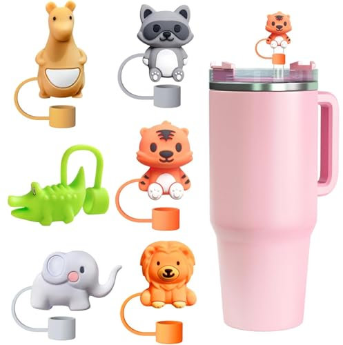 SANTUO 6pcs Animal Cute Silicone Straw Toppers for Stanley Toppers fit 30 40 Oz Tumbler with Handle 10mm 0.4in for Stanley Straw Topper