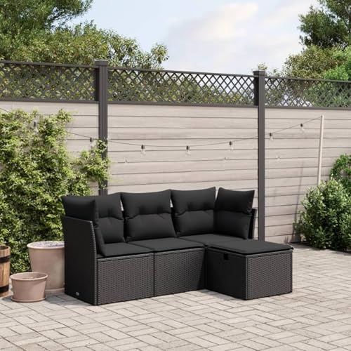 IKAYAA Rattan Gartenmöbel Set Poly Rattan Lounge Balkon Lounge Gartenlounge Outdoor Lounge möbel Outdoor Gartengarnitur mit Kissen-Schwarz-4-tlg