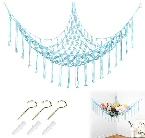 ZYETGH Teddy Hammock, Toy Hammock For Stuffed Animals Cuddly Soft Toy Storage Boho Style Teddy Storage Net for Kids Bedroom Corner Hanging Decor (Blue)
