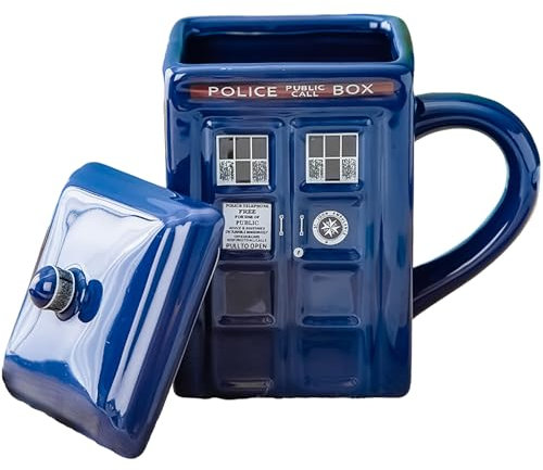 ZONSUSE Funny Police Box Ceramic Mug with Lid, Square Shaped Ceramic Coffee Cup, Holds 450ml of Your Favorite Coffee, Tea or Other Drink, Creative Gift Kids Men, 15oz, Blue (Style D)