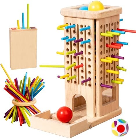 auvstar 3-in-1 Montessori Spiel Brettspiel aus Holz,Holzspielzeug pädagogisch wertvoll,40 Stück Holzstäbchen Feinmotorik Spiele,Lernspiel mit Stäbchen,Familienspiele Kinder Erwachsene Reisespiele