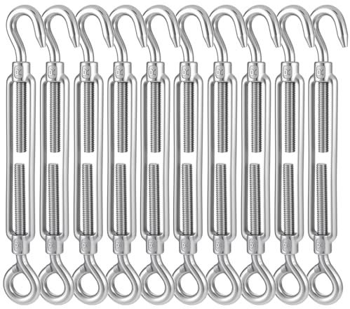 MBAIYO 10 Pack M8 Turnbuckle Hook and Eye, 304 Stainless Steel Heavy Duty Turnbuckles for Cables Wire Adjustable Turn Buckle Tensioner Kit for Sun Shade Sail Hardware Wire Tightening Cable Railing