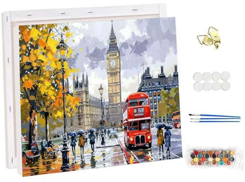 NEWENMO Big Ben Peinture par Numero Adulte avec Cadre,Rue de Londres Peinture Numero,Bus Rouge Peinture à l'huile,Paint by Numbers,Acryliques Bricolage Peintures Kits,Décoration Maison 30x40cm