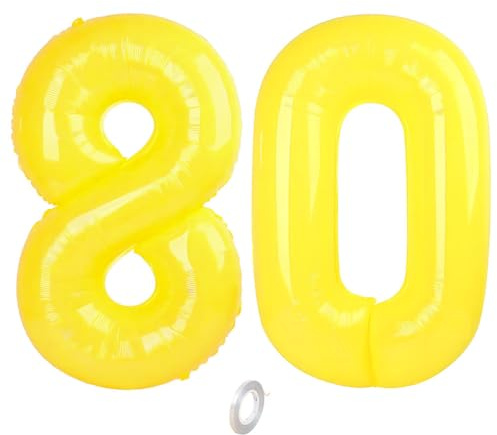 Balorise 40 Pouces Aluminium Ballon Géant Jaune Chiffre 80, Gonflable Hélium, Grand Numéro 0-9, 10-100 (101cm), Décoration de Foil Ballons pour Fête d'anniversaire et Mariage