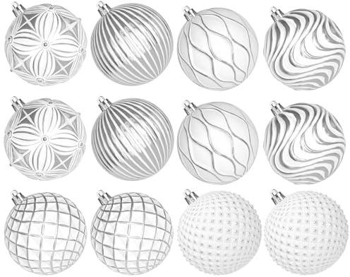 Lanpn 12 Pcs 10cm Bolas de Navidad Grandes, XXL Bola Árbol Navideñas Exterior, Esferas Navidad Inastillable de Relieve Patrón, Adornos Navideña Colgante para Hogar Jardines Patios, Plata & Blanco