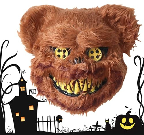 yivom Halloween Maske Bär, Halloween Masken Blutige Plüsch Bärenmaske für Halloween Kostüm Karneval Cosplay Geisterhaus Deko (Brauner Bärenstil)