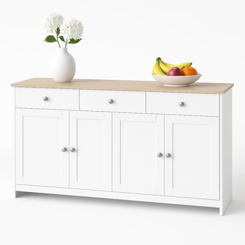 NordicLume Sideboard 160 cm Weiß Holzoptik mit 3 Schubladen & 4 Türen – Buffetschrank Landhausstil mit Verstellbaren Regalböden – Anrichte für Wohnzimmer & Esszimmer (Weiß, 160 L x 37 B x 75H(cm))