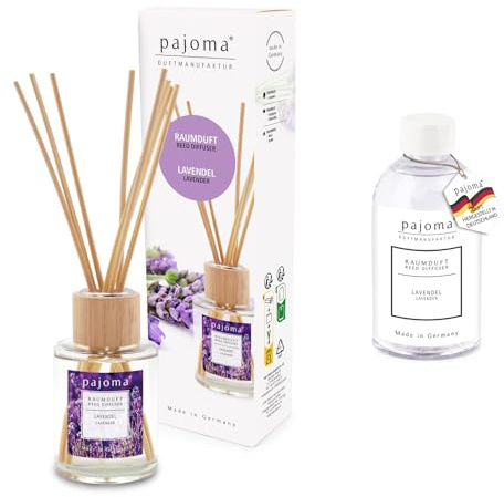 pajoma® Raumduft Lavendel 100 ml + Nachfüller 250 ml | Komplett-Set mit Rattanstäbchen | Langanhaltender Diffuser, Premium Qualität