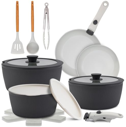 NutriChef Ceramic Pots and Pans Set with Detachable Handles – 18-Piece Stackable Non-Stick Cookware, Oven Safe, PTFE-Free, Space-Saving Cookware for Modern Kitchens, Grey