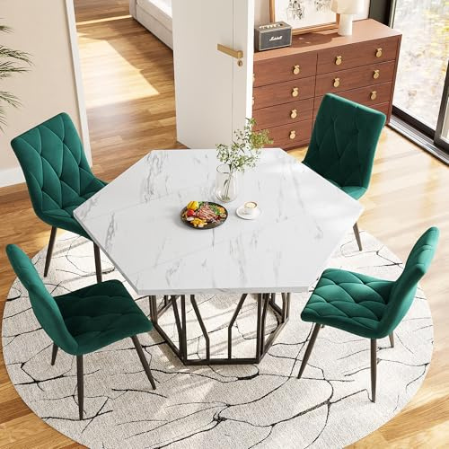 OKMYHOME Sechseckiger Esstisch mit schwarzen Metallbeinen, dicke und glatte MDF-Platte, moderner Stil für Esszimmer, 115,5 x 100 x 75 cm, Weiß