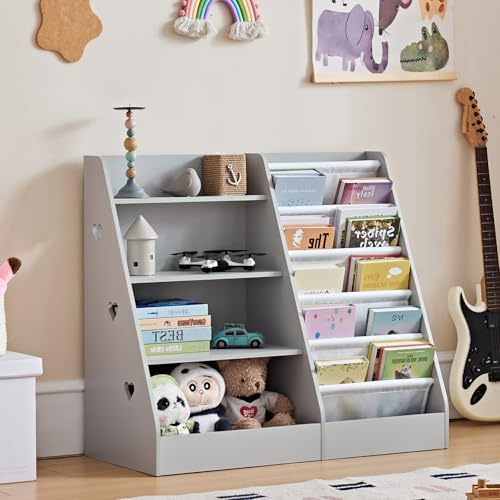 Kinder Bücherregal mit 5 Bücherdisplays und 4 Ablagefächer, Groß Grau Kinderregal Büchergestell für Kinde, Holz kinderbücherregal Spielzeug-Organizer für Kinderzimmer, Kindergarten, 90x40x80cm