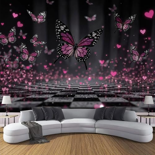 ZISTRCBAO Papillon À Carreaux Noir Et Blanc Papier Peint Panoramique 400x280cm, Papier Peint Soie 3D Art Fantastique, Mural Poster Tableaux Muraux Pour Salon Chambre Décoration Murale, Multicolore