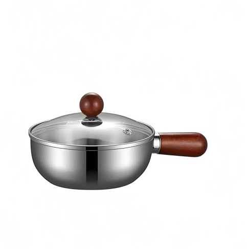 Homeily 6.3'' Stainless Steel Saucepan, 316 Grade Walnut Handle | 800ml for 1-2, mirror finish anti-rust, gas induction ceramic cooktop, glass lid steam vent, non-stick compact RV milk pan