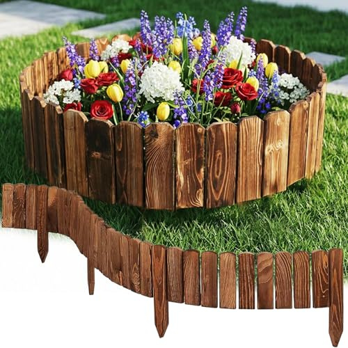 shallyong Staccionata in Legno per Giardino, Bordo Giardino Flessibile 120 x 15 cm, Recinzione Staccionata per Delimitare Aiuole e Prato, Pali di Legno con Trattamento Antiputrefazione