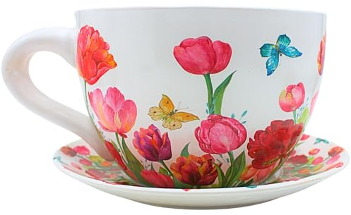 Dekohelden24 XXL Blumentopf, Pflanztasse, Pflanzkübel, Pflanzgefäß, Blumenkübel, Pflanztopf. Übertopf als Tasse mit Griff aus Keramik, Motiv: Tulpenmeer, L/B/H 34 x 28 x16 cm.