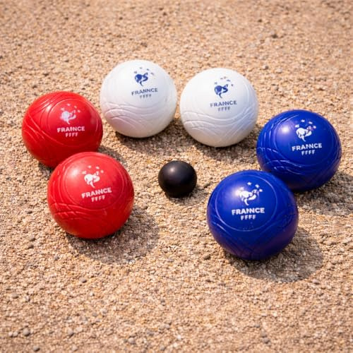 FERRY JOUETS FFF - Set di 6 palline da bocce per bambini, in plastica resistente, blu bianco rosso, con maiale, set di indirizzi per giardino e famiglia