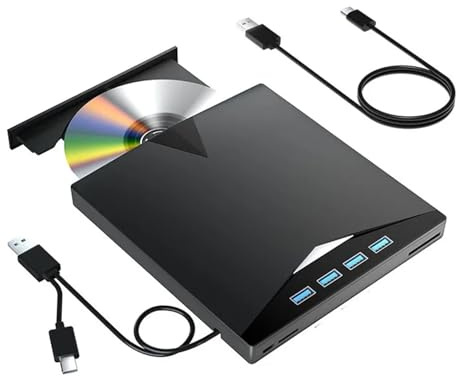 TUdcgjSXF External DVD CD Drive Portable Burner with USB3.0 SD TF Card Slots Player Writer Optical for Laptop PC Windows