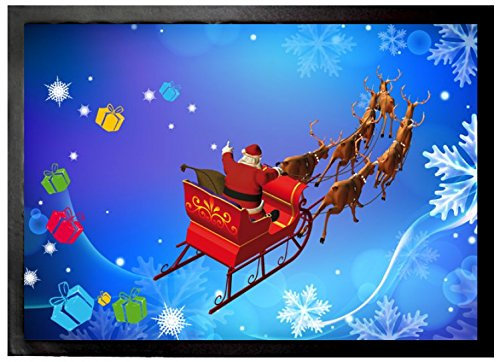 1art1 Weihnachten Der Weihnachtsmann Kommt Mit Seinem Rentier-Schlitten Fußmatte Dekomatte Innenbereich | Design Türmatte 70x50 cm