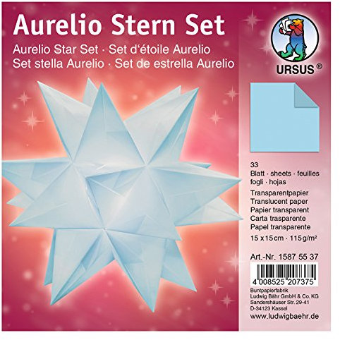 Ursus 15875537 - Faltblätter Aurelio Stern uni, hellblau, 33 Blatt, aus Transparentpapier 115 g/qm, ca. 15 x 15 cm, einseitg bedruckt, ideal als zeitlose, elegante Wohndekoration