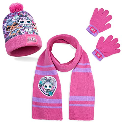 L.O.L. Surprise ! Mütze Schal und Handschuh Set Mädchen, Wintermützen für Kleinkinder, Bommelmütze LOL Unicorn, Kitty Queen und Queen Bee, Tolle Geschenke für Mädchen (Einhorn 3 stücke)