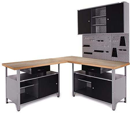 Ondis24 Werkstatt Set Ecklösung Classic One, Werkbank, 120 + 60 cm Buchenholzarbeitsplatte, Werkzeugschrank, Werkzeugwand Lochwand, Haken Set, Metall (Arbeitshöhe 85cm, schwarz)