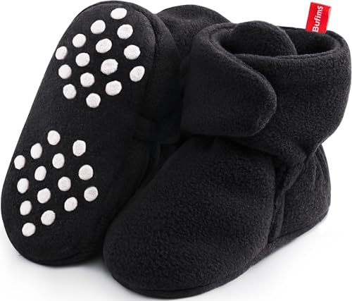 Bufims Baby Booties 6-12 Months Unisex Cozy Fleece Newborn Booties Non-Slip Newborn First Walkers Shoes Toddler Slippers for Baby Boys & Baby Girls Gifts, Black