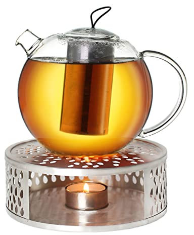 Creano Teekanne aus Glas 1,5l Jumbo + ein Stövchen aus Edelstahl, 3-teilige Glasteekanne mit integriertem Edelstahl Sieb und Glasdeckel, ideal zur Zubereitung von losen Tees, tropffrei