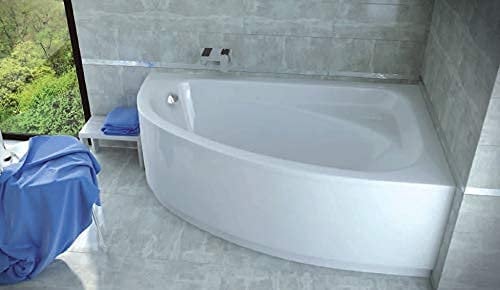 ECOLAM® Badewanne Eckbadewanne Acryl Cornea weiß 140x80 cm RECHTS + Schürze Ablaufgarnitur Ab- und Überlauf Automatik Füße Silikon Komplett-Set