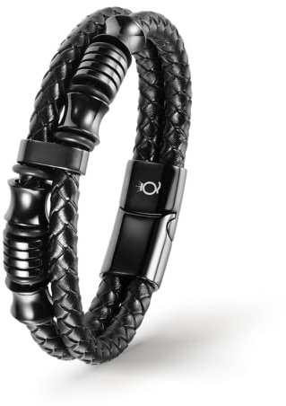 UNIQAL | Lederarmband Herren DOUBLE LAYER Mens Bracelet | Gratis Geschenk Box | Echtleder, Edelstahl (Schwarz, 23)