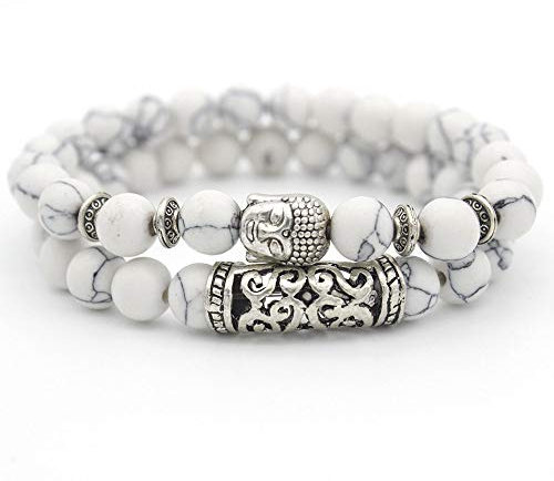 Naturstein Armband 7 Chakra Steine Perle Armband Damen Weiß Howlith 8Mm Schmuck Natürliche Halbedelsteine Mit Buddha Kopf Yoga Paare Armband Geschenk Für Frauen Freundin