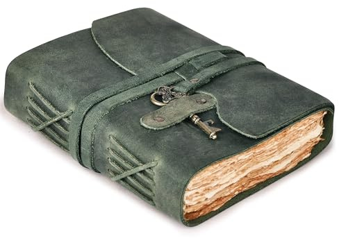 LEATHER VILLAGE Vintage Leather Journal – 200 Handmade Vintage Deckle Edge Paper – Leather bound Journal For Women Men – Brass Key Closure - Book of Shadows - Aqua - 8X6 inches (A5) | Handmade Deckle Edge paper, 200 Blank Pages , Grimoire, Book Of Shadows, Sketchbook, Scrapbook, Leather Journal , Aqua 8x6