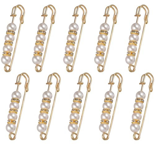 EXCEART 10 Pcs Heavy Duty Safety Pins with Pearl Embellishment Brooch Pin Decorative Sweater Clips for Cardigans, Pants, Clothes, Golden, 5.3X1.5X0.8CM