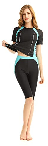 TianMaiGeLun Muslimische Bademode Badeanzug Full Cover Bescheidene Badebekleidung Modest Muslim Swimwear Beachwear Burkini Kurzarm Tops und Hose 2-Teilige Modest Bademode Sets (Blue1, L)