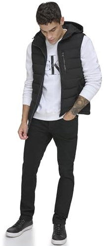 Calvin Klein Men's Lightweight Packable Hooded Puffer Vest Jacket, Ebony, L
