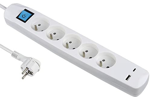 Electraline 35614 Bloc Multiprise 5 Prises Françaises + 2 USB 3.4A 17W A + 1 Type C, avec Interrupteur on/Off, Fiche Extra Plate 90° 16A, Câble 1.5M, Blanc