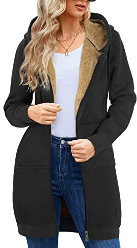 Nadeer Felpe Cappotto Donna Plain Sherpa Peluche Zip Up Medio-Lungo Casual Caldo Pile Coulisse Donna Felpa con Cappuccio Inverno Manica Lunga Giacca con Tasche Outwear (Nero,L)