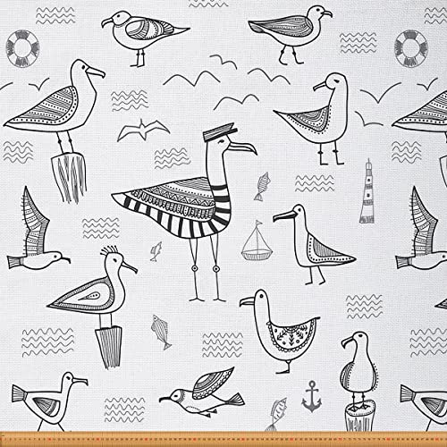 Möwen Stoff Meterware Boho Polsterstoff Nautischer Meeres Dekostoff Meereswellen Leuchtturm Fische Drinnen Draußen Stoff Tiere DIY Kunst Wasserdichter Stoff Schwarz Weiß 920 x 150 (HxB)