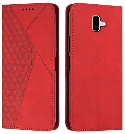 KOUYI Coque pour Samsung Galaxy J6 Plus 2018, Premium Flip Housse Étui Protection Rabat Clapet Portefeuille Phone Cover Magnétique [Porte Cartes] Antichoc Béquille Cover (Rouge)