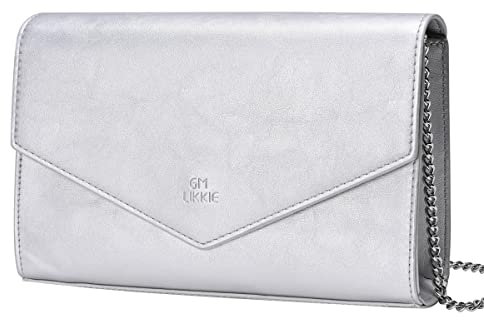 GM LIKKIE Clutch Geldbörse für Frauen, Abend-Umschlag-Clutch, Crossbody Foldover PU Leder Schulter Handtasche, silber