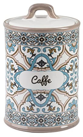 Baroni Home Pot de Cuisine en Céramique Décoré ligne Noto, Porte Café en Poudre avec Couvercle Hermétique pour Sauver l’Arôme, Pot de Rangement du Café, 11 x 11 x 17 cm
