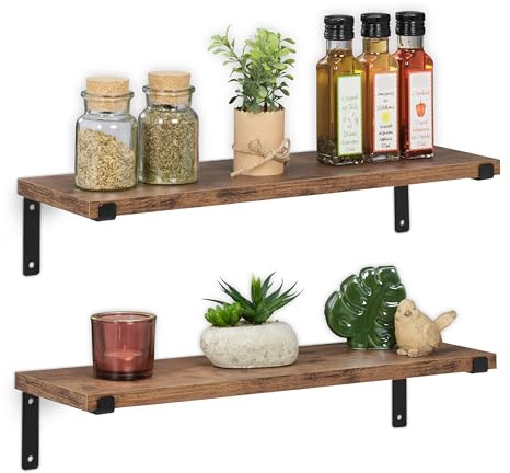 Relaxdays 2X Industrial Wall Racks, Hanging Storage Shelves, HWD: 9.5 x 48 x 15.5 cm, Metal & Wood Look, Brown/Black, Engineered