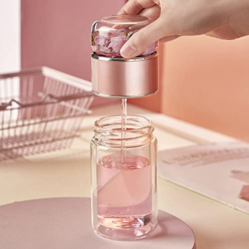NFNSIG Botella de Infusor de Té de 430 Ml Botella de Agua de Vidrio de Doble Pared Separación de Té Y Agua Botella de Agua de Vidrio a Prueba de Fugas para Viajes de Oficina a Casa(Oro Rosa)
