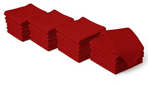 Encasa XO Küchenhandtücher und Waschlappen aus Baumwolle | Rot | Waffel- und Flachgewebe-Geschirrtuch | Geschirrtuch-Set | 30x30 cm | Wiederverwendbar und schnell trocknend 24er-Satz