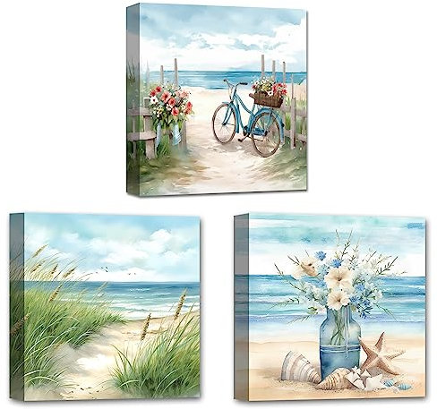 LZIMU Küsten Leinwandbild 3-teilig Sanddüne Meer Fahrrad und Blumen Wanddrucke blauer Strand Meereslandschaft Gemälde für Heimdekoration (A,25.00 x 25.00 cmsx3 Pezzi)