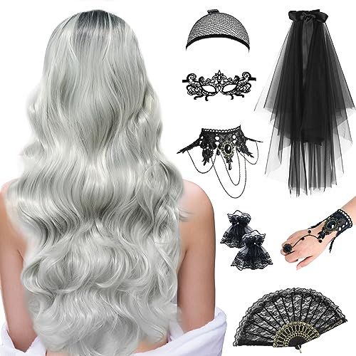 Halloween Perücke Damen Grau, 68cm Grau Lange Gewellte Locken, Graue Perücke Damen mit Gotisch Halskette Armbänder Schleier, Handfächer, Manschetten, Maske für Halloween Karneval, Fasching, Mottoparty